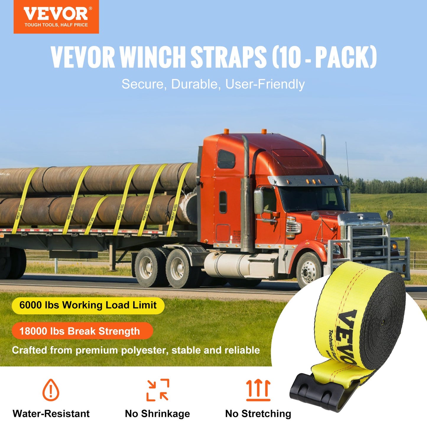 Vinschremmar, 4" x 40', 6000 lbs lastkapacitet, 18000 lbs brottstyrka, lastbilsremmar med platt krok, flatbäddsfäste för lastkontroll för trailers, gårdar, räddningar, trädräddare, gul (10-pack)
