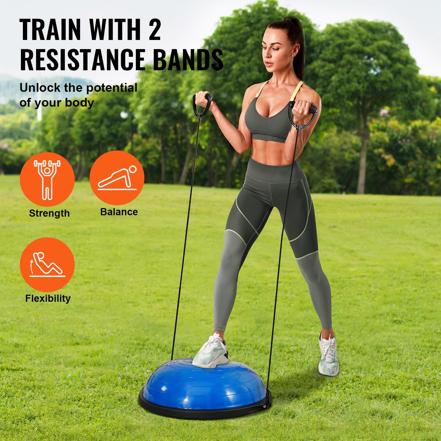 26" Half Exercise Ball Trainer Yoga Balance Stability Ball Resistance Band