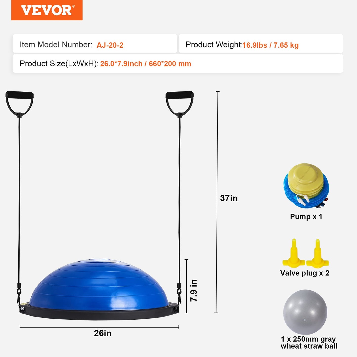 26" Half Exercise Ball Trainer Yoga Balance Stability Ball Resistance Band