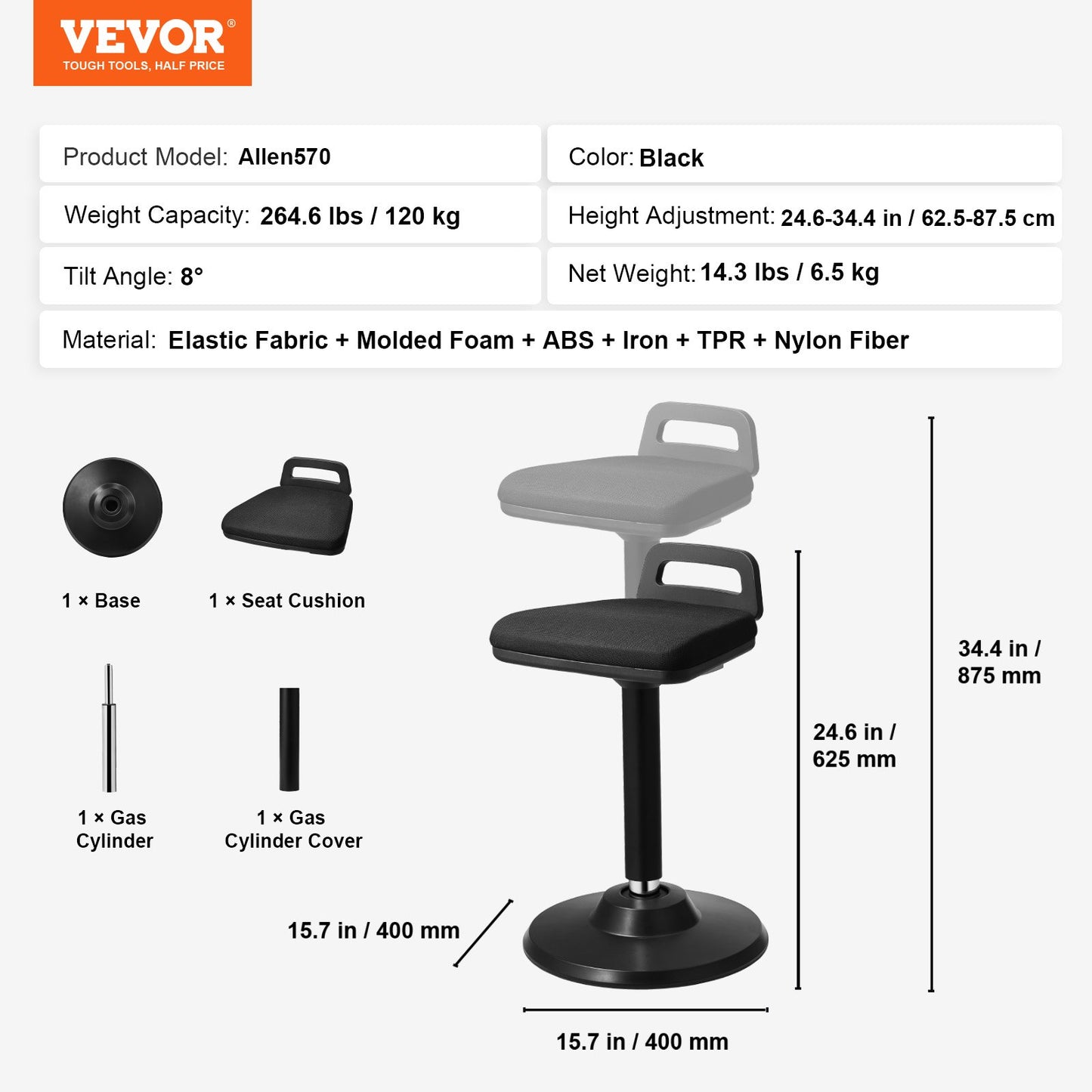 Wobble Chair Höjdjusterbar (24,6-34,4") aktiv stol med handtag svart