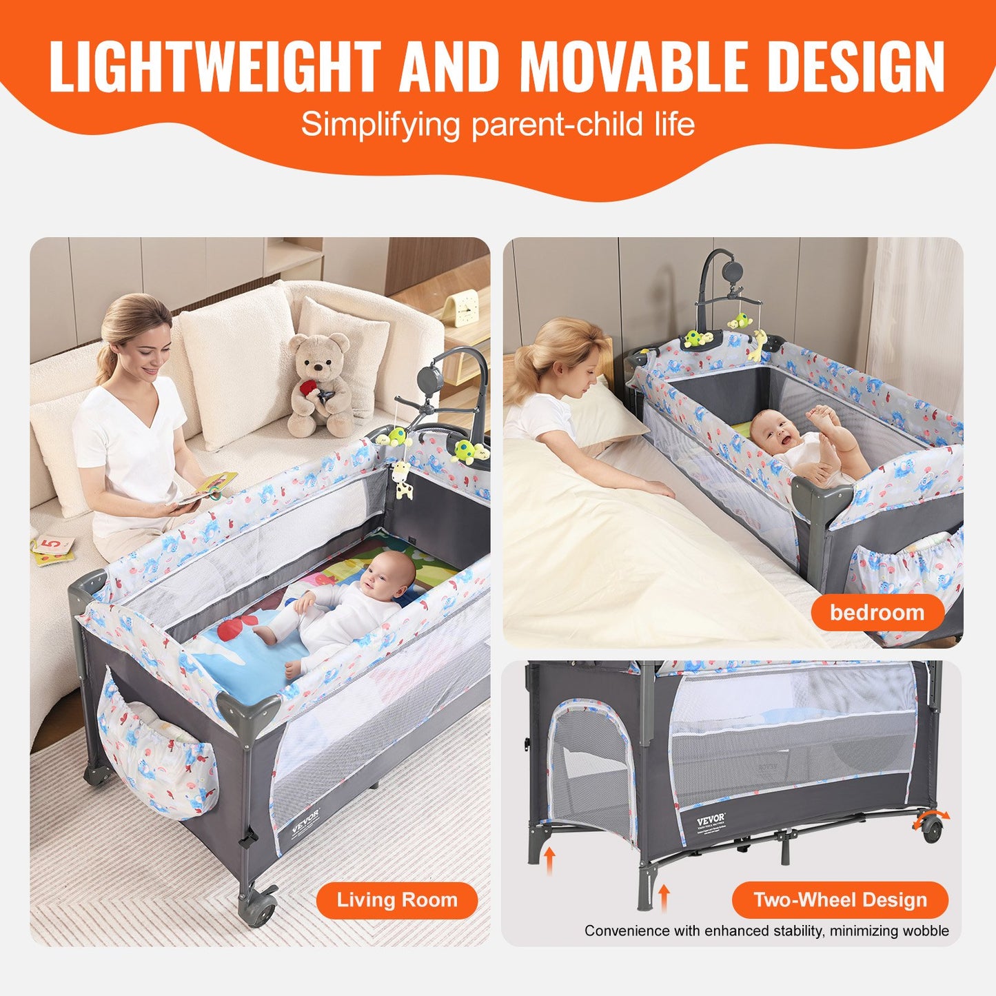 Baby Bassinet, 77 lbs Lastkapacitet, Lätt att vika ihop Bärbar Baby Bassinet Bedside Sleeper med förvaringskorg och hjul, Baby Cradle Bedside Spjälsäng med myggnät för nyfödd flicka pojke