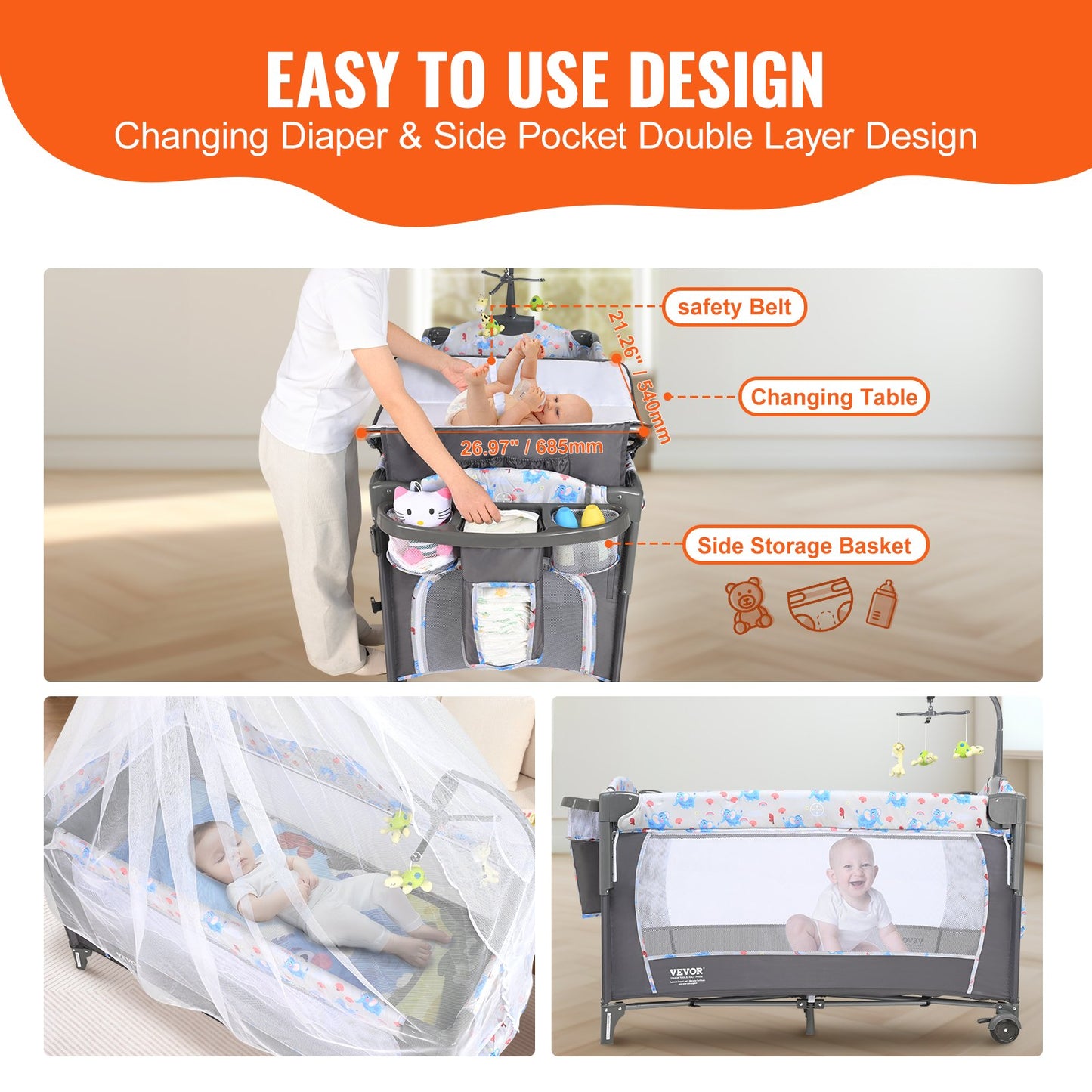 Baby Bassinet, 77 lbs Lastkapacitet, Lätt att vika ihop Bärbar Baby Bassinet Bedside Sleeper med förvaringskorg och hjul, Baby Cradle Bedside Spjälsäng med myggnät för nyfödd flicka pojke