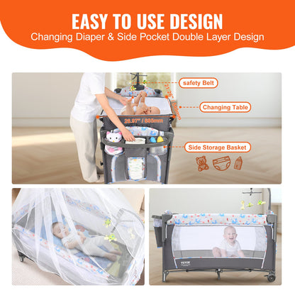 Baby Bassinet, 77 lbs Lastkapacitet, Lätt att vika ihop Bärbar Baby Bassinet Bedside Sleeper med förvaringskorg och hjul, Baby Cradle Bedside Spjälsäng med myggnät för nyfödd flicka pojke