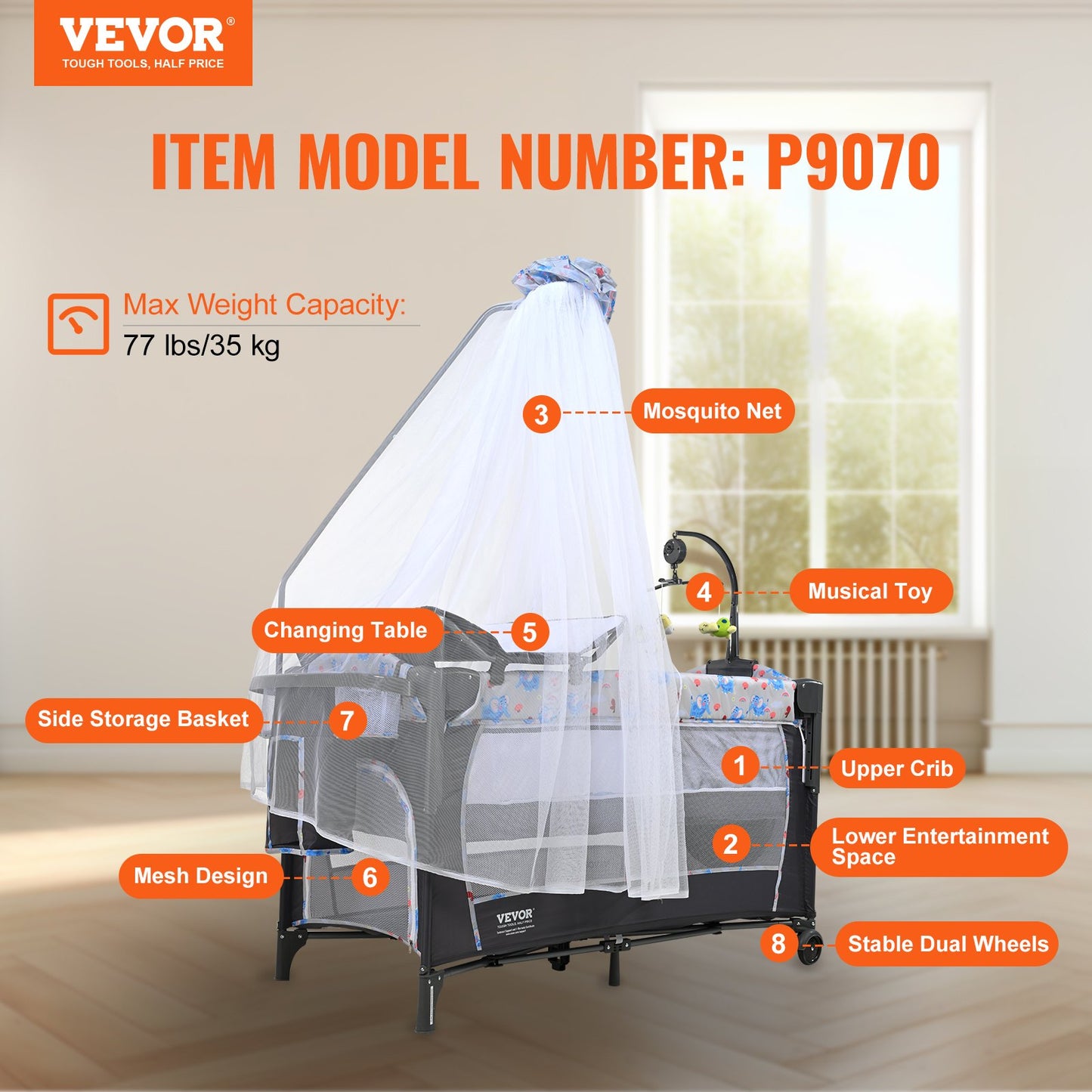 Baby Bassinet, 77 lbs Lastkapacitet, Lätt att vika ihop Bärbar Baby Bassinet Bedside Sleeper med förvaringskorg och hjul, Baby Cradle Bedside Spjälsäng med myggnät för nyfödd flicka pojke