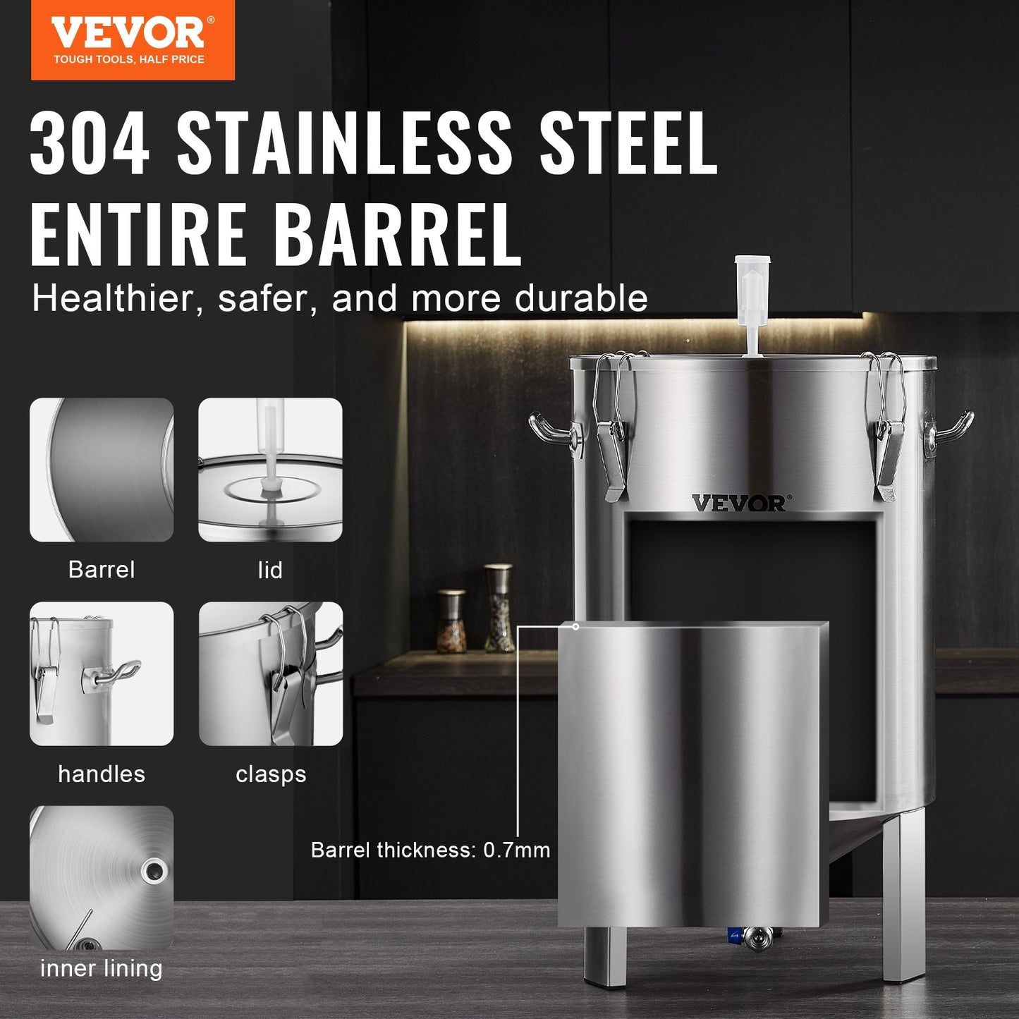 304 vattenkokare i rostfritt stål, 60 l ölbryggjäsning, bryggjäsningsbehållare för bryggning, hembryggningstillbehör med bas, vattenkokare med lock, handtag, ventil, tapp, termometer