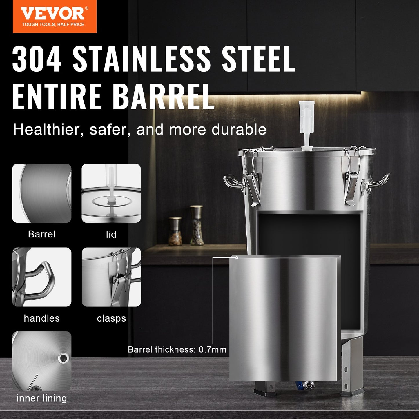 304 vattenkokare i rostfritt stål, 30L ölbryggjäsning, bryggjäsningsbehållare för bryggning, hembryggningstillbehör med bas, vattenkokare med lock, handtag, ventil, tapp, termometer