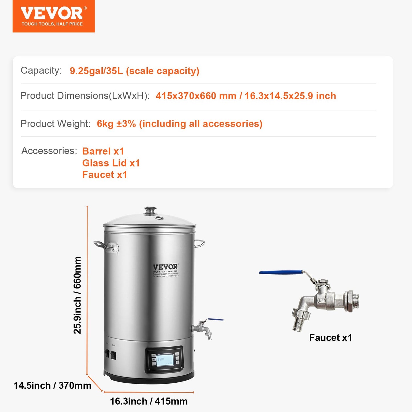 Elektriskt bryggsystem, 8 GALLON bryggkärl, allt-i-ett ölbryggare för hemmabruk, 304 bryggtillbehör i rostfritt stål med panel, inkluderar glaslock, handtag, tapp, elektronisk panelkontroll