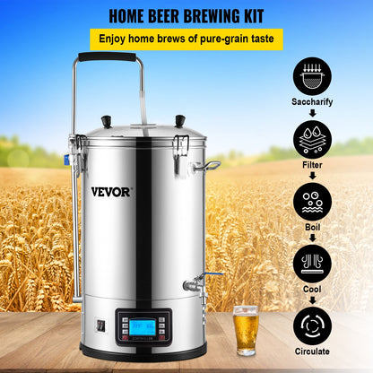 Elektriskt bryggsystem, 8 Gal/30 L, Allt-i-ett ölbryggare för hemmabruk med panel för automatiskt/manuellt läge, Mash Boil Device med 100-2500W Effekt 25-100℃ Temp 1-180 min Timer Cirkulationspump Recept Minne, 220V