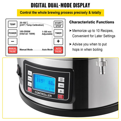 Elektriskt bryggsystem, 8 Gal/30 L, Allt-i-ett ölbryggare för hemmabruk med panel för automatiskt/manuellt läge, Mash Boil Device med 100-2500W Effekt 25-100℃ Temp 1-180 min Timer Cirkulationspump Recept Minne, 220V