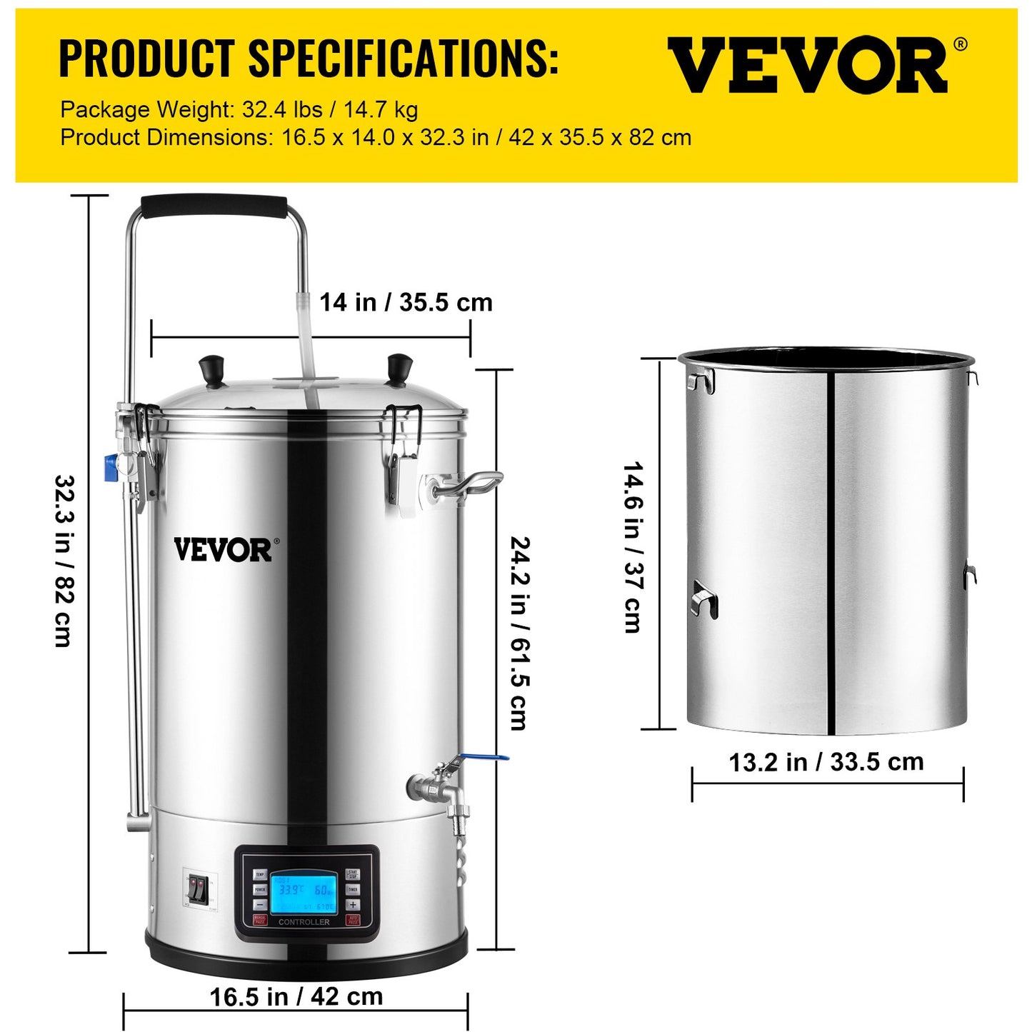 Elektriskt bryggsystem, 8 Gal/30 L, Allt-i-ett ölbryggare för hemmabruk med panel för automatiskt/manuellt läge, Mash Boil Device med 100-2500W Effekt 25-100℃ Temp 1-180 min Timer Cirkulationspump Recept Minne, 220V