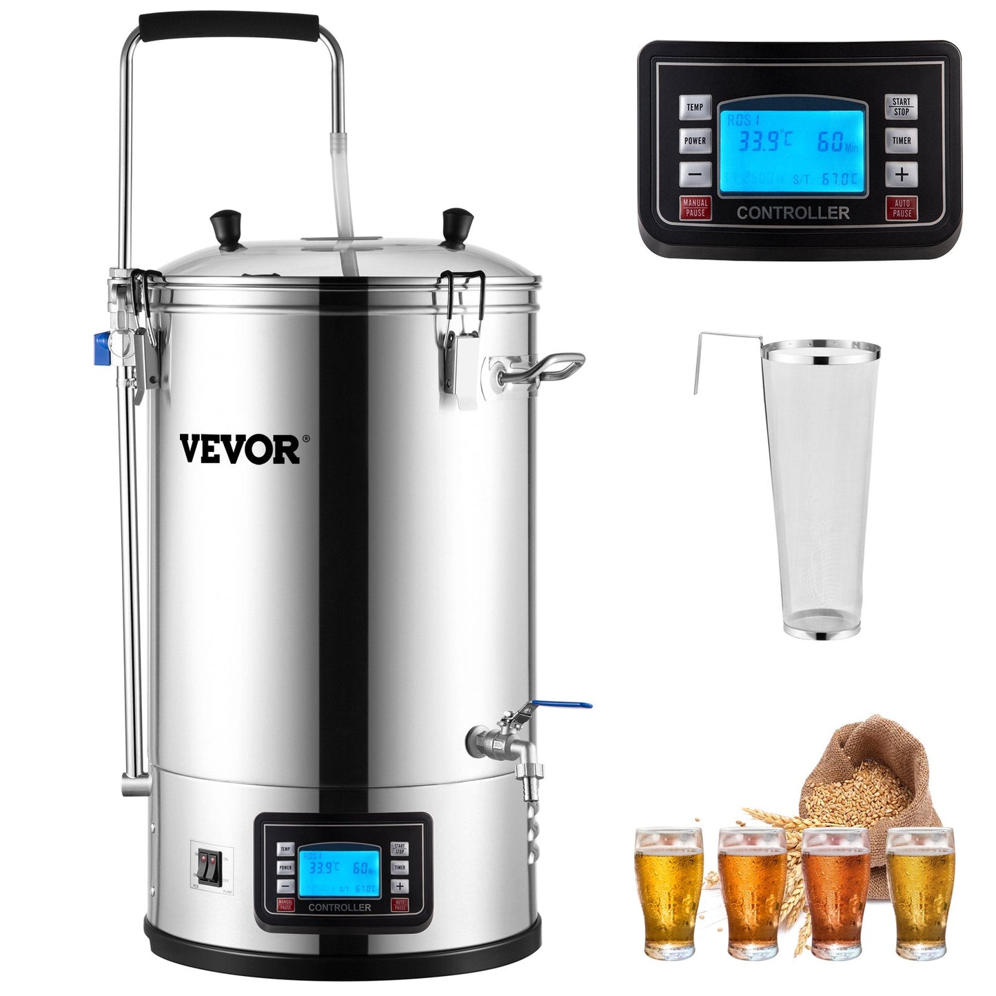 Elektriskt bryggsystem, 8 Gal/30 L, Allt-i-ett ölbryggare för hemmabruk med panel för automatiskt/manuellt läge, Mash Boil Device med 100-2500W Effekt 25-100℃ Temp 1-180 min Timer Cirkulationspump Recept Minne, 220V