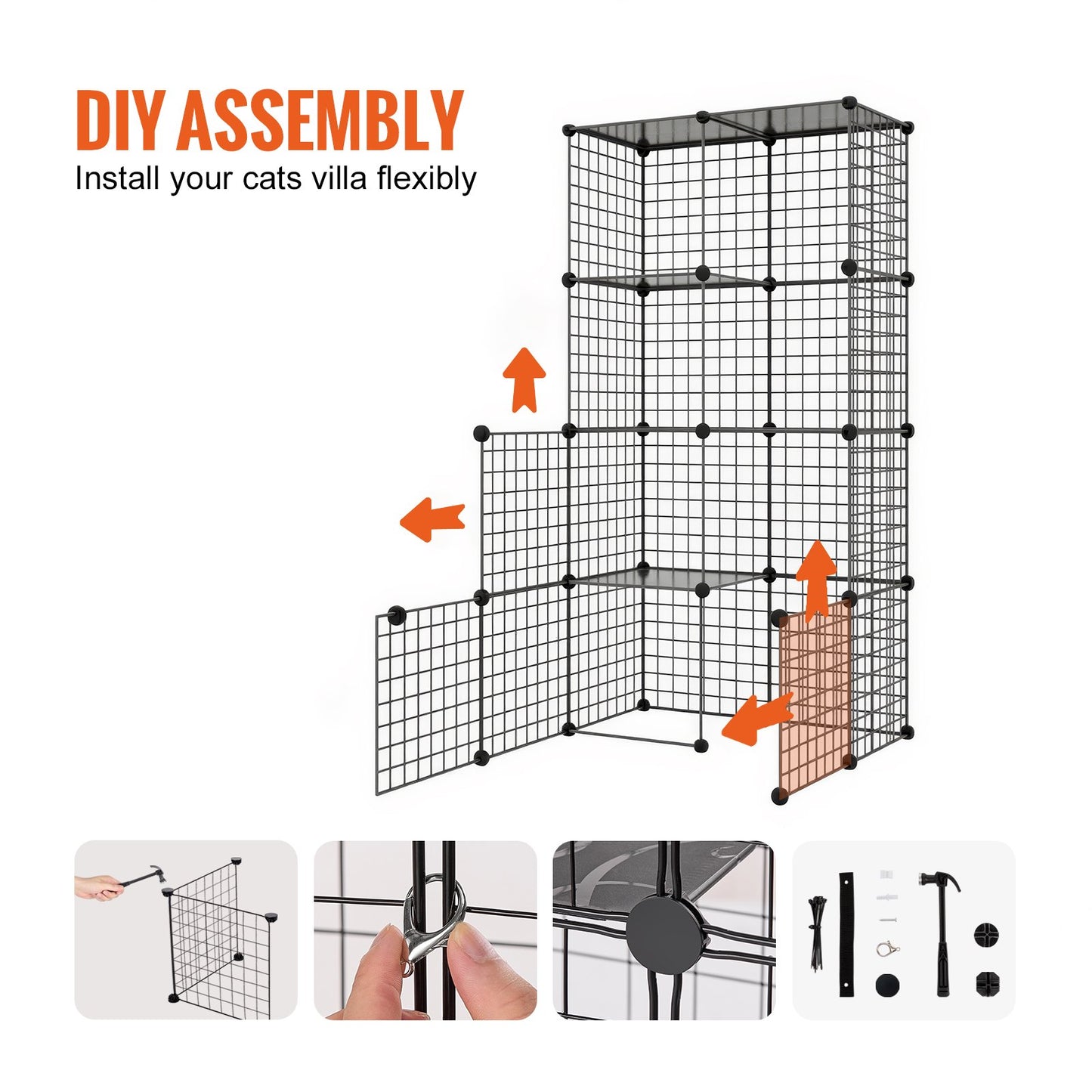 Stor 3-vånings Cat Cage 28 x 28 x 41" Lekhage Catio med metalltråd med hängmatta