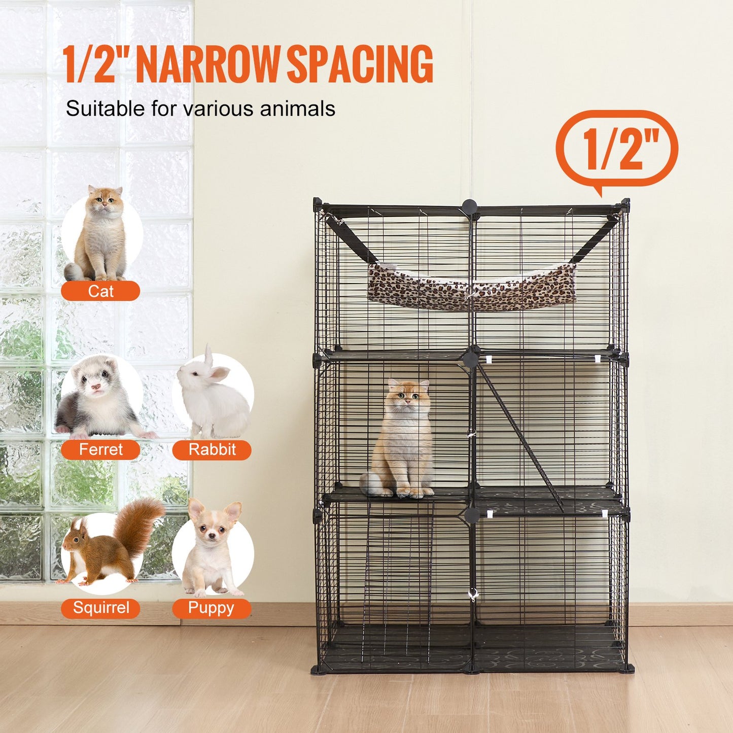 Stor 3-vånings Cat Cage 28 x 28 x 41" Lekhage Catio med metalltråd med hängmatta