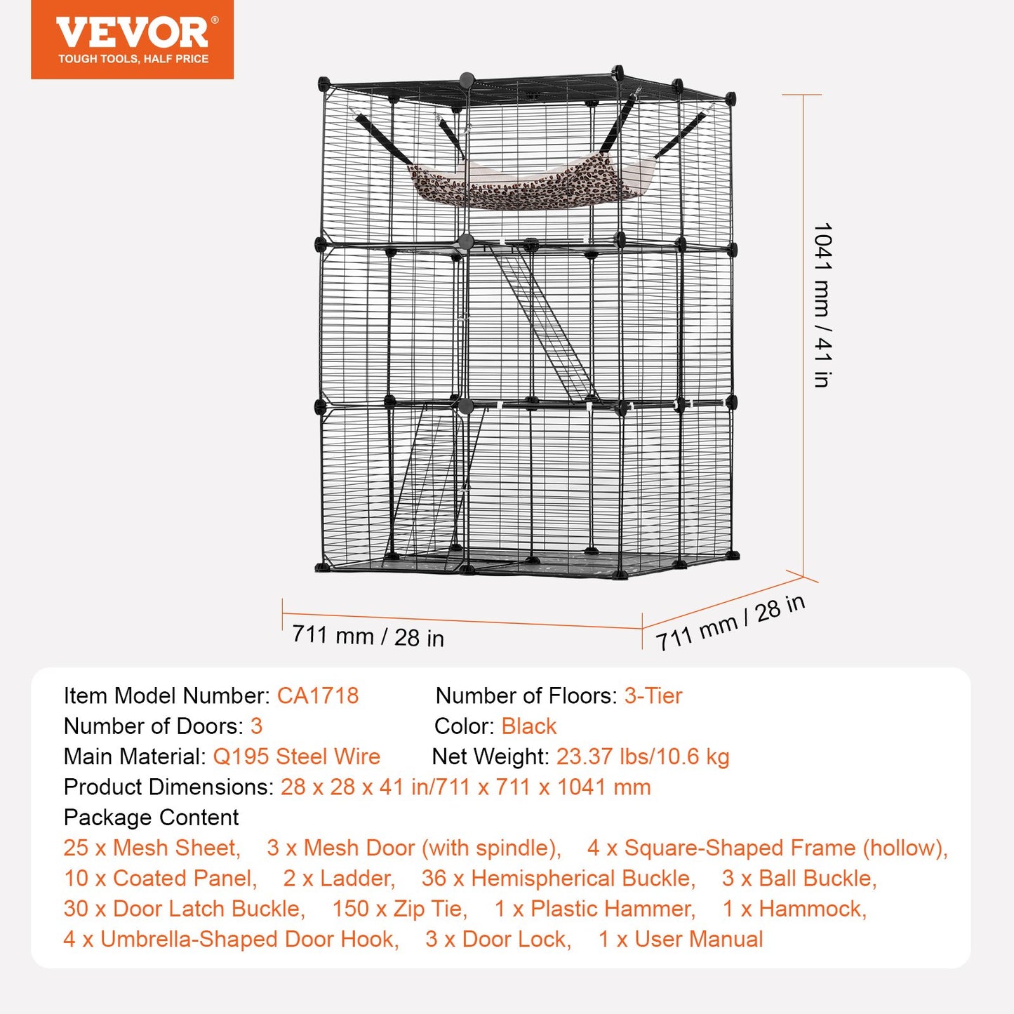 Stor 3-vånings Cat Cage 28 x 28 x 41" Lekhage Catio med metalltråd med hängmatta