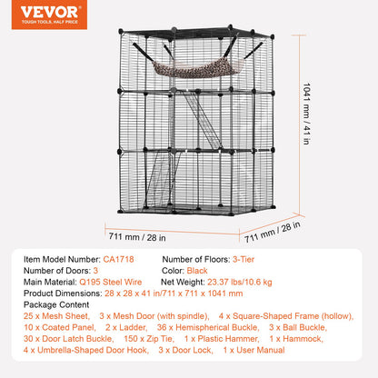 Stor 3-vånings Cat Cage 28 x 28 x 41" Lekhage Catio med metalltråd med hängmatta