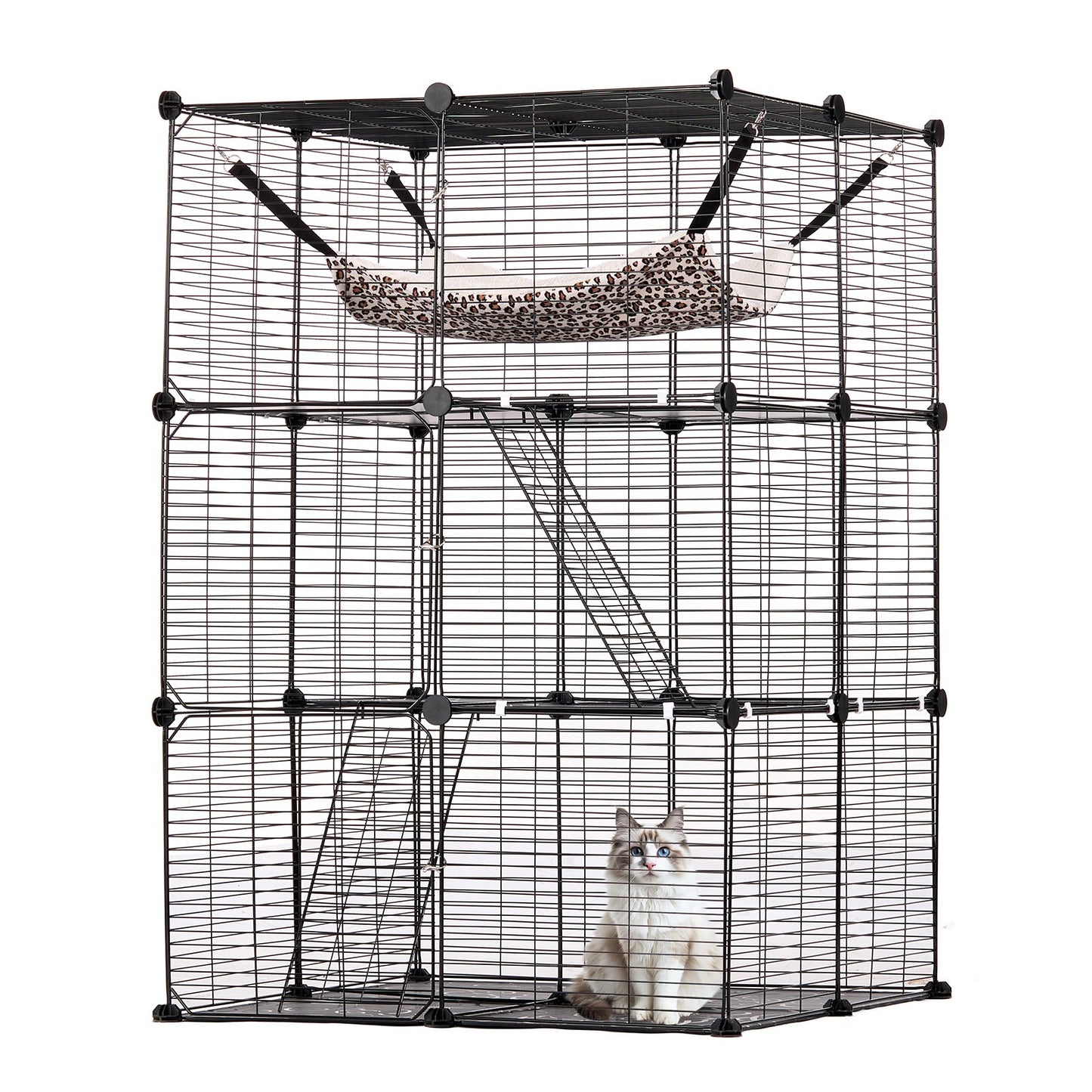 Stor 3-vånings Cat Cage 28 x 28 x 41" Lekhage Catio med metalltråd med hängmatta