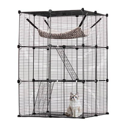 Stor 3-vånings Cat Cage 28 x 28 x 41" Lekhage Catio med metalltråd med hängmatta