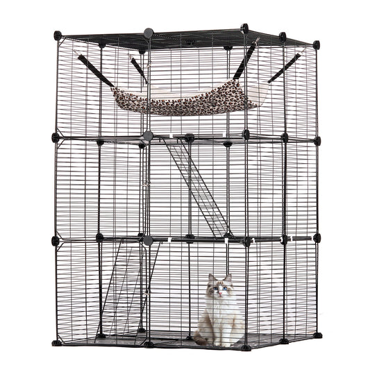 Stor 3-vånings Cat Cage 28 x 28 x 41" Lekhage Catio med metalltråd med hängmatta