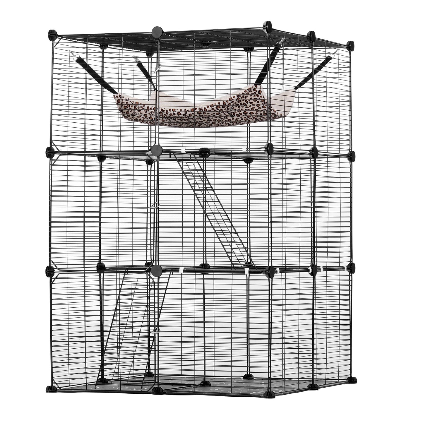 Stor 3-vånings Cat Cage 28 x 28 x 41" Lekhage Catio med metalltråd med hängmatta