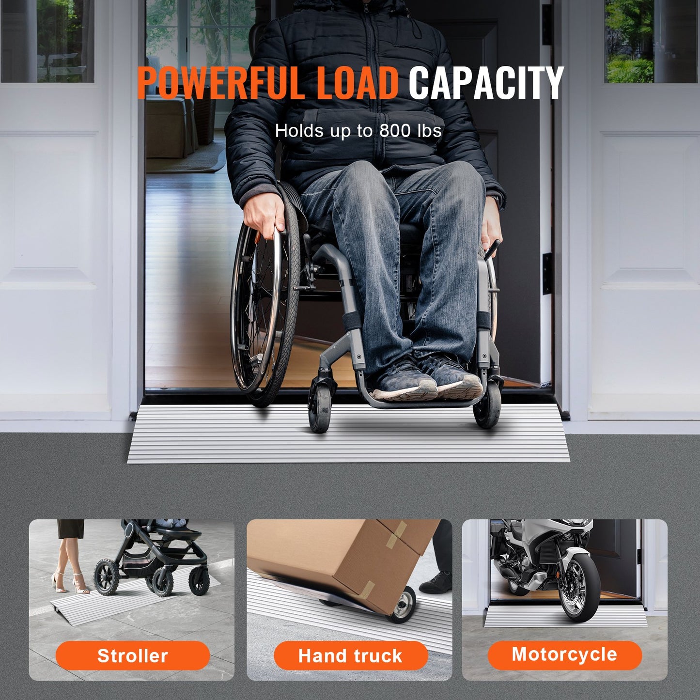 Door Threshold Ramp, 1" Rise, 800 lbs Load Capacity, Wheelchair Door Ramp, Aluminum Threshold Ramp for Doorways, Adjustable Modular Threshold Ramp for Wheelchairs, Scooters, Power Chairs