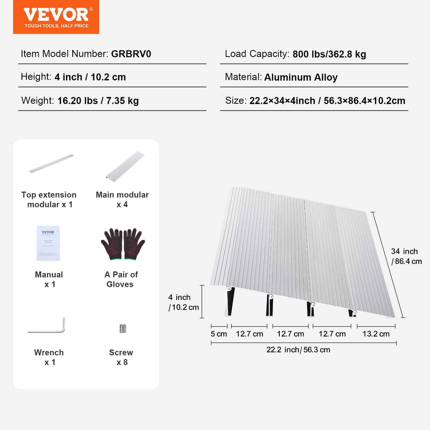 Door Threshold Ramp, 4" Rise, 800 lbs Load Capacity, Wheelchair Door Ramp, Aluminum Threshold Ramp for Doorways, Adjustable Modular Threshold Ramp for Wheelchairs, Scooters, Power Chairs