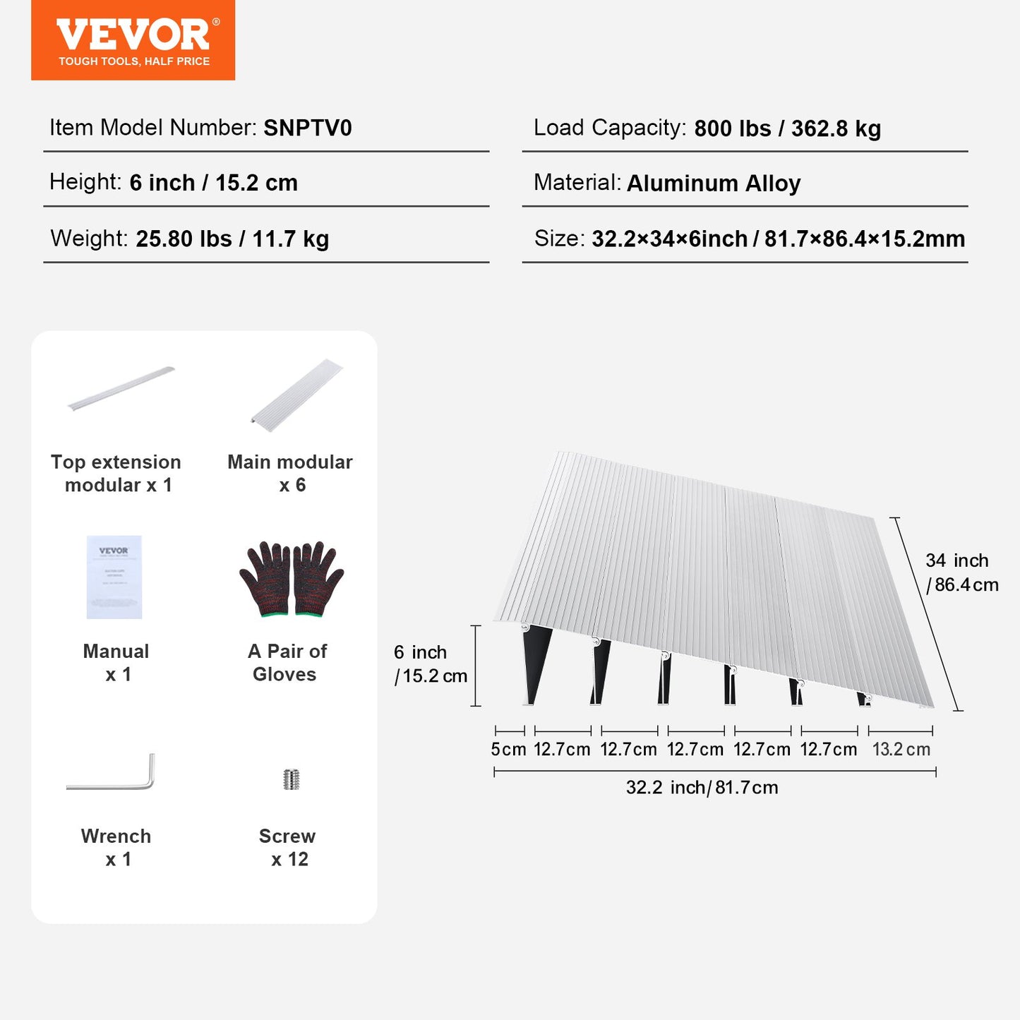 Door Threshold Ramp, 6" Rise, 800 lbs Load Capacity, Wheelchair Door Ramp, Aluminum Threshold Ramp for Doorways, Adjustable Modular Threshold Ramp for Wheelchairs, Scooters, Power Chairs