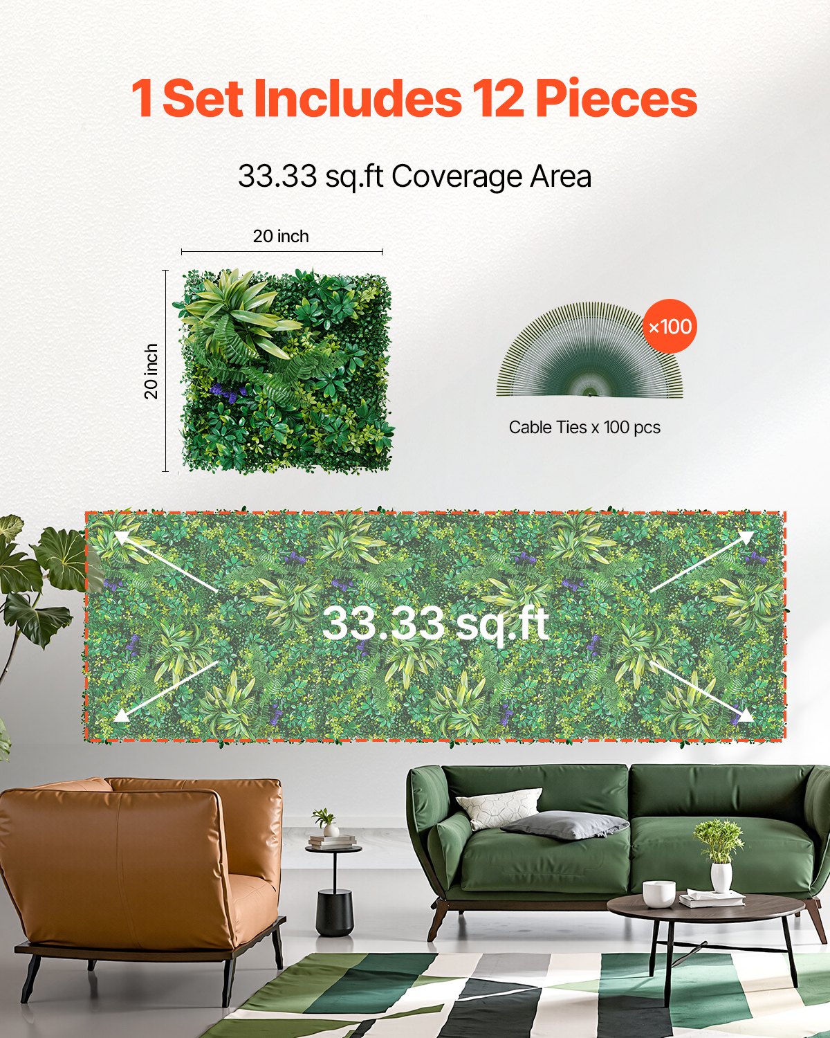 Artificial Grass Wall Panels 12 Pcs 20 x 20 Inch 3D Greenery for Interior Decoration