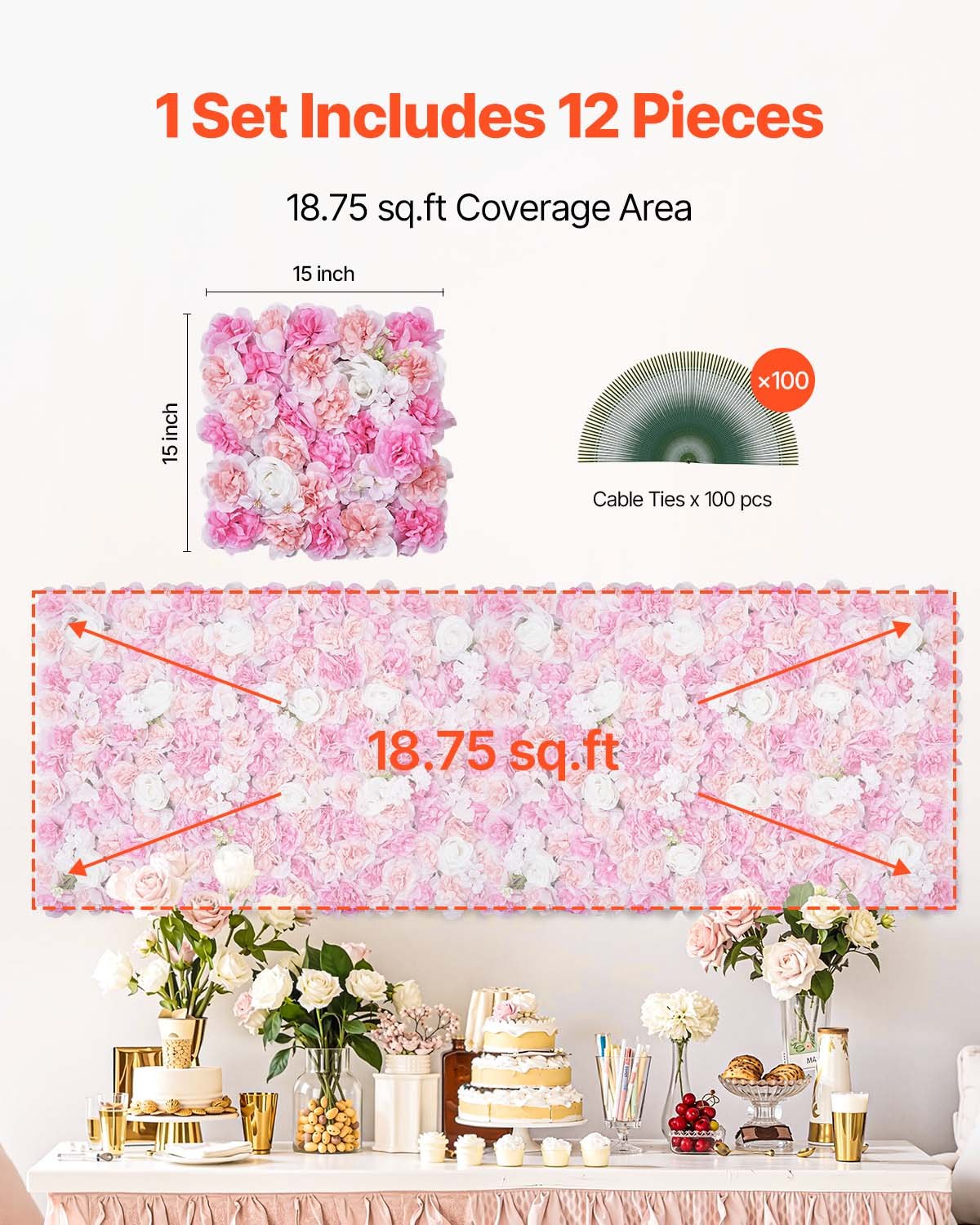 3D Flower Wall Panel 12PCS 15x15 in Artificial Flower Mat for Wedding