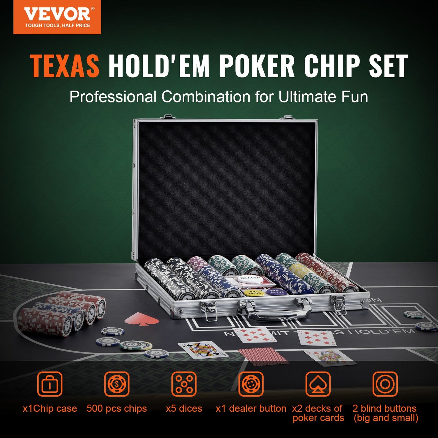 Pokerchipset, 500-bitars pokerset, komplett pokerspelset med aluminiumväska, 11,5 grams kasinomarker, kort, knappar och tärningar, för Texas Hold'em, blackjack, hasardspel