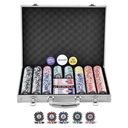 Pokerchipset, 500-bitars pokerset, komplett pokerspelset med aluminiumväska, 11,5 grams kasinomarker, kort, knappar och tärningar, för Texas Hold'em, blackjack, hasardspel