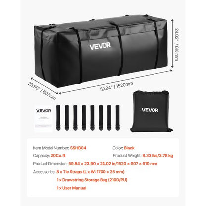 59.84 x 23.9 x 24.02 inches (20 cubic feet) towbar carrying case with 8 straps