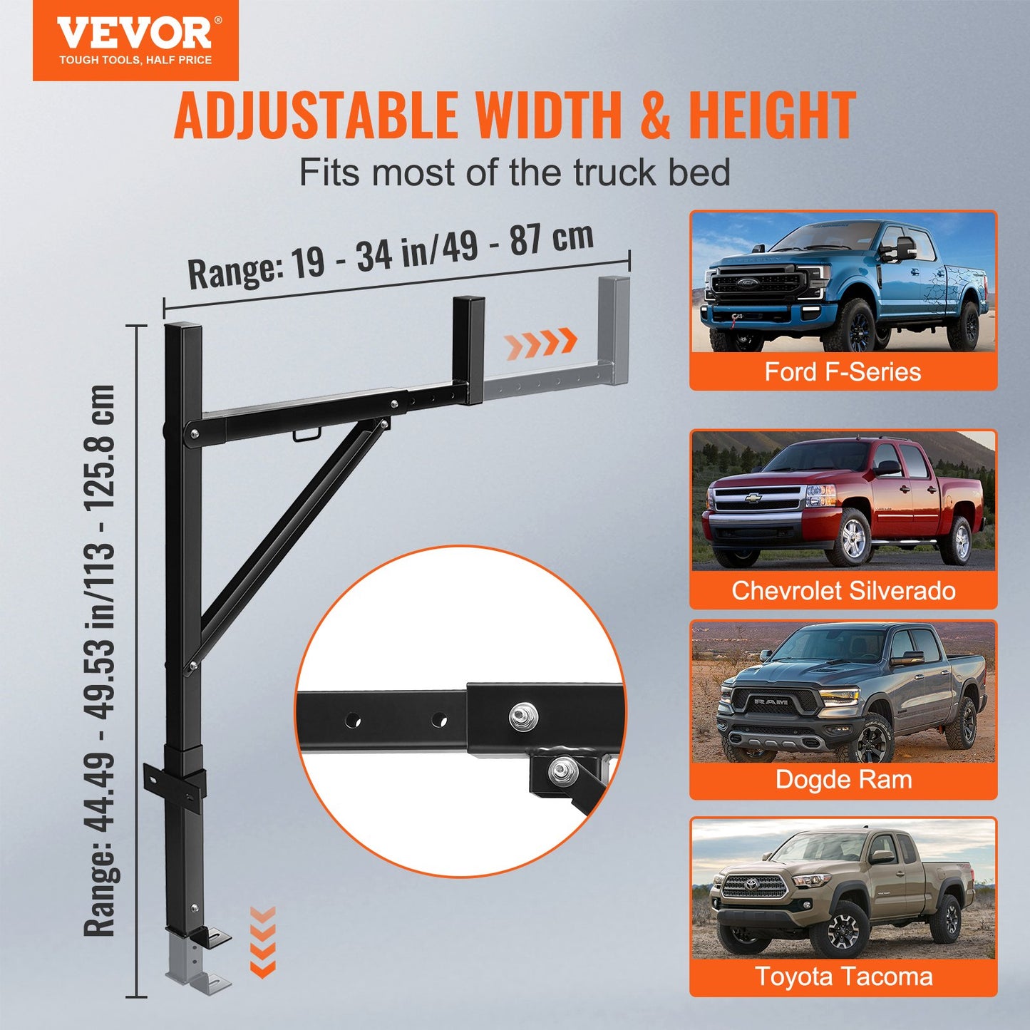 Truck Rack, 19-34 tums utdragbart lastbilsstegeställ, 38,6"-43,6" justerbar höjd, 250 lbs Kapacitet Stålstegeställ för lastbil, Heavy Duty Truck Sängställ för kajak, surfbräda, timmer, stege