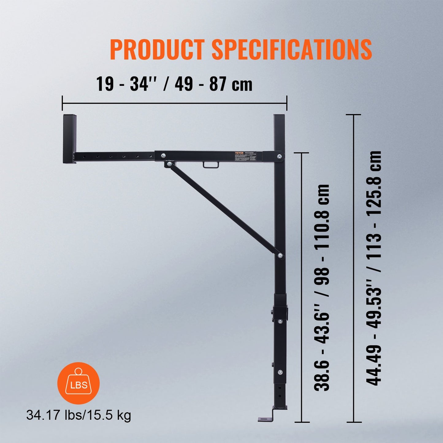 Truck Rack, 19-34 tums utdragbart lastbilsstegeställ, 38,6"-43,6" justerbar höjd, 250 lbs Kapacitet Stålstegeställ för lastbil, Heavy Duty Truck Sängställ för kajak, surfbräda, timmer, stege
