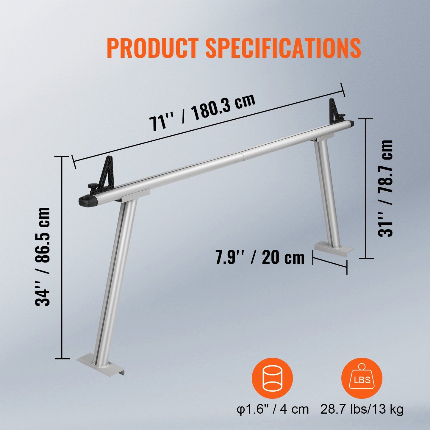Truck Rack, 800 lbs Kapacitet, 71"x31" Aluminium Steg Rack för lastbil med 8 icke-borrande C-klämmor, Heavy Duty Lastbil Sängställ med två stänger för kajak, surfbräda, timmer, stege