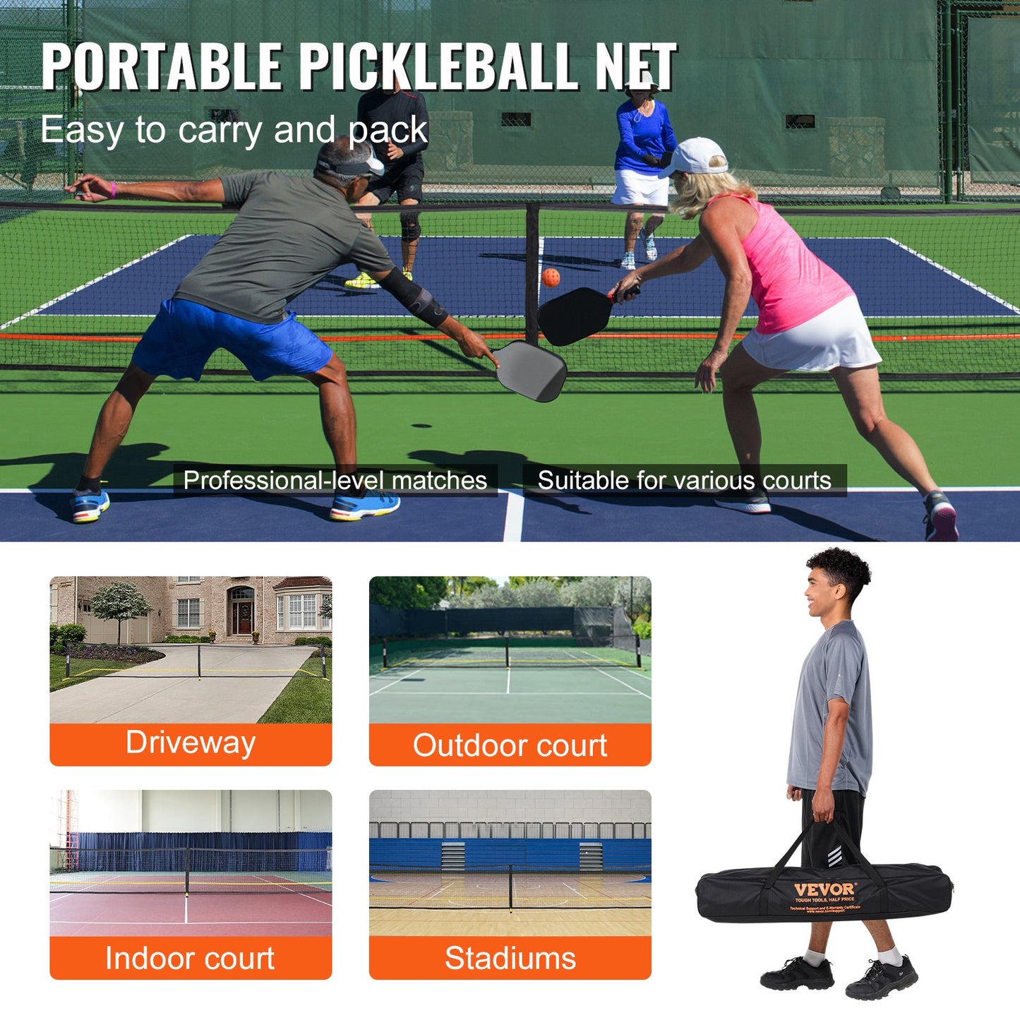 Pickleball Net Set, 22FT Regulation Size, Portable Pickleball System with Bags, Balls, Paddles, Wheels and Court Lines, Weatherproof Metal Frame and PE Netting, for Outdoor Backyard Driveway
