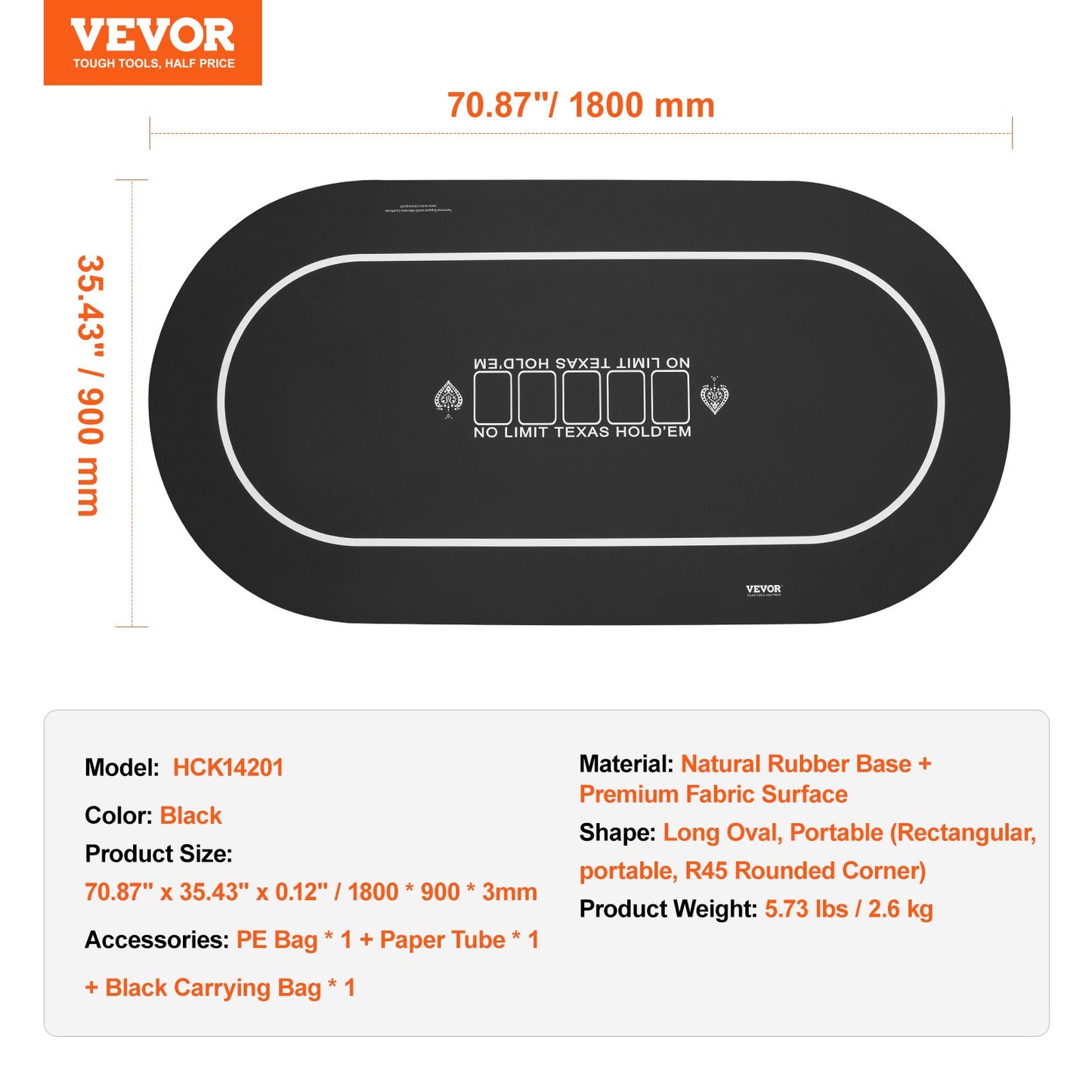 Pokerbordsskiva 70 x 35 tums pokermatta 6-8 spelare Vikbar med väska svart