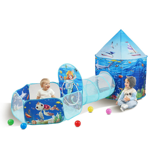 3 i 1 lektält för barn med tunnel, basketbåge för pojkar, flickor, bebisar och småbarn, pop up-lekstuga inomhus/utomhus med bärväska och remmar Födelsedagspresenter, Blue Ocean