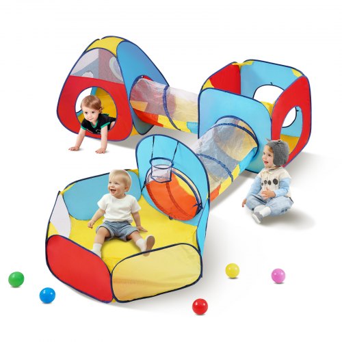 5-in-1-Spielzelt für Kinder mit Tunnel, Basketballkorb für Jungen, Mädchen, Babys und Kleinkinder, Pop-Up-Spielhaus für drinnen und draußen mit Tragetasche und Bändern, Geburtstagsgeschenke, Rot/Gelb/Blau | EU