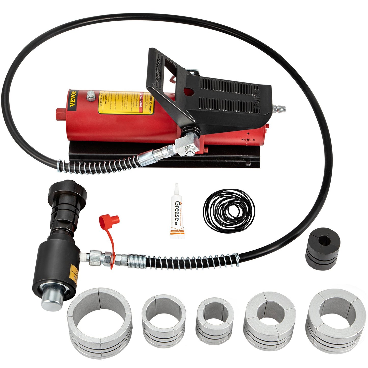 Hydraulisk avgasrörsexpanderare, 1-5/8" till 4-1/4" storlek, 10 T pedalpump medföljer 4 stansar, 2 förvaringsväskor för kopparaluminiumrör vid bilreparation