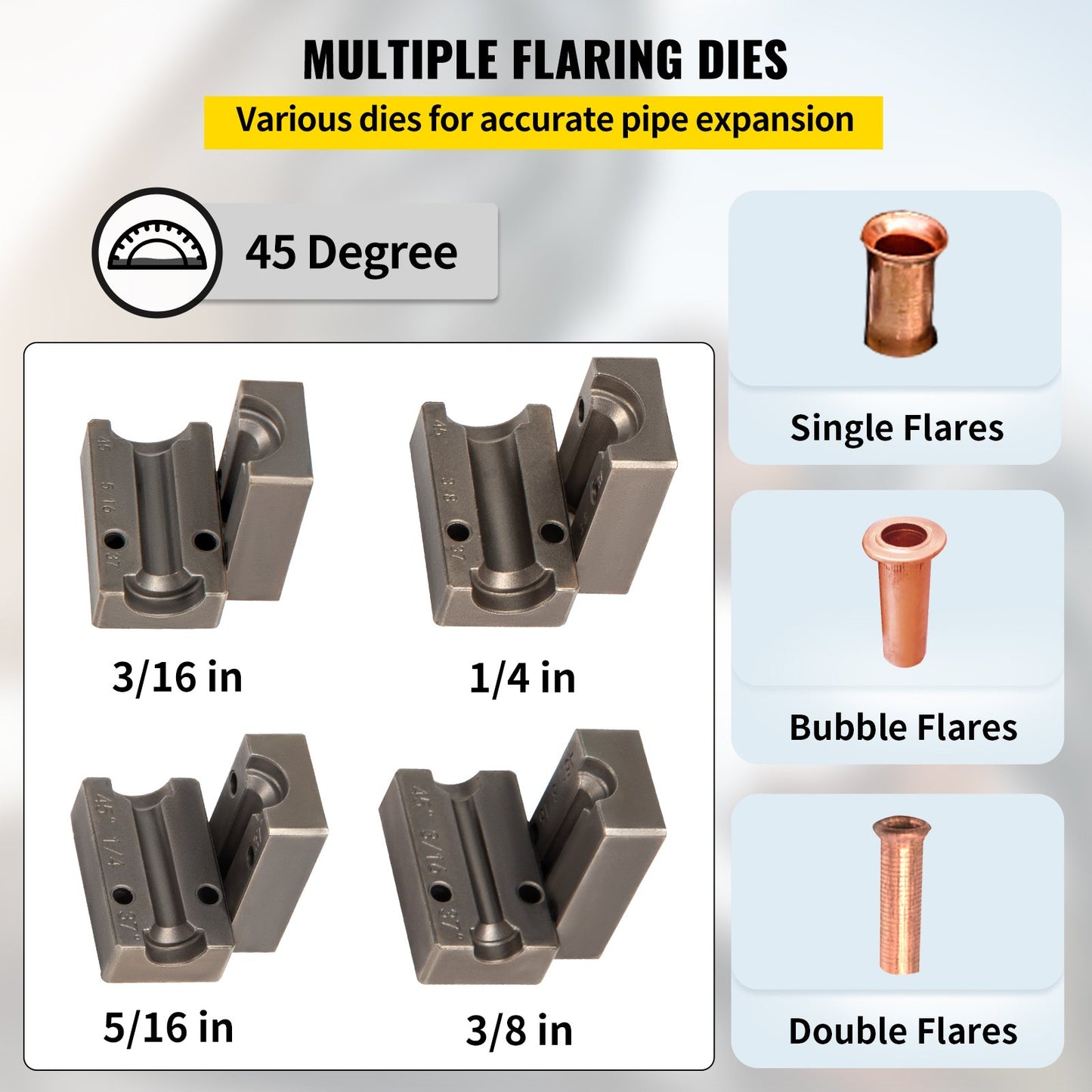 Bromsledningsutvidgningsverktyg, 45 graders enkel-, dubbel- och bubbelfasar för 3/16\", 1/4\", 5/16\" och 3/8\" rörstorlek, lämplig för mjuk metall av kopparledningar