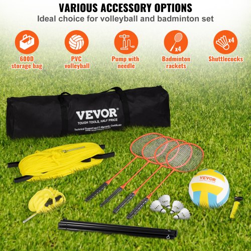Volleyboll- och badmintonset, portabelt badmintonnät för utomhusbruk, stålstänger med justerbar höjd, professionellt kombinationsset med PVC-volleyboll, pump, bärväska, enkel installation för strandgräsmatta på bakgården |  EU