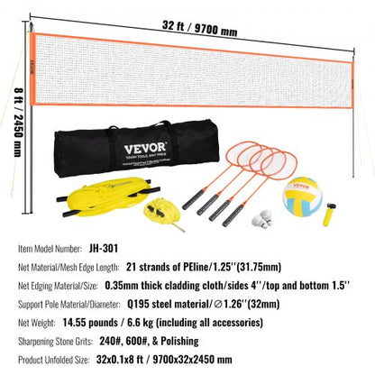 Volleyboll- och badmintonset, portabelt badmintonnät för utomhusbruk, stålstänger med justerbar höjd, professionellt kombinationsset med PVC-volleyboll, pump, bärväska, enkel installation för strandgräsmatta på bakgården |  EU