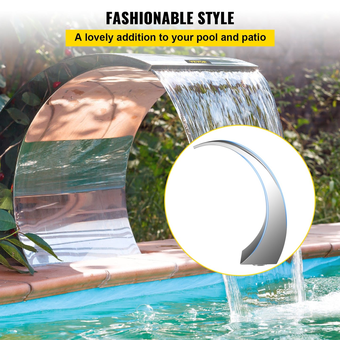 Pool Waterfall Fountain Rostfri stålfontän 15,4\" x 7,9\" x 1,5\" Silver Pool Fountains for Ground Pools Trädgård Utomhus Vattenfall Ren nedstigning Damm Vattenfunktion