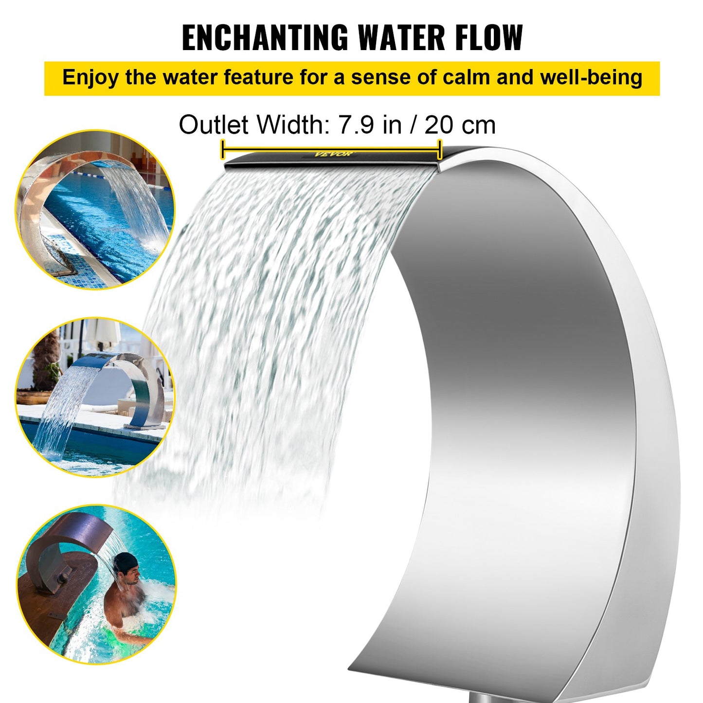Pool Waterfall Fountain Rostfri stålfontän 15,4\" x 7,9\" x 1,5\" Silver Pool Fountains for Ground Pools Trädgård Utomhus Vattenfall Ren nedstigning Damm Vattenfunktion