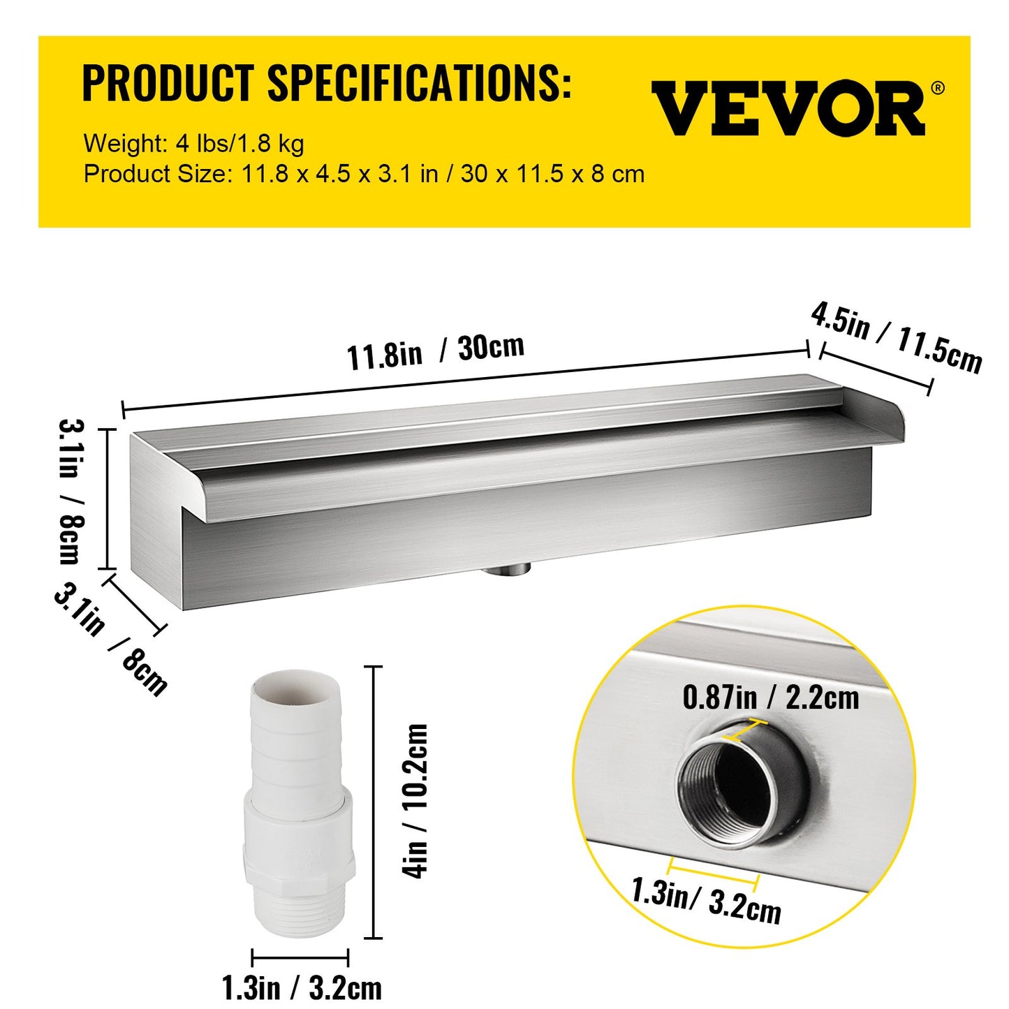 11,8" x 4,5" x 3,1" dekorativ vattenfallspoolfontän i rostfritt stål för trädgårdsdamm inomhus och utomhus