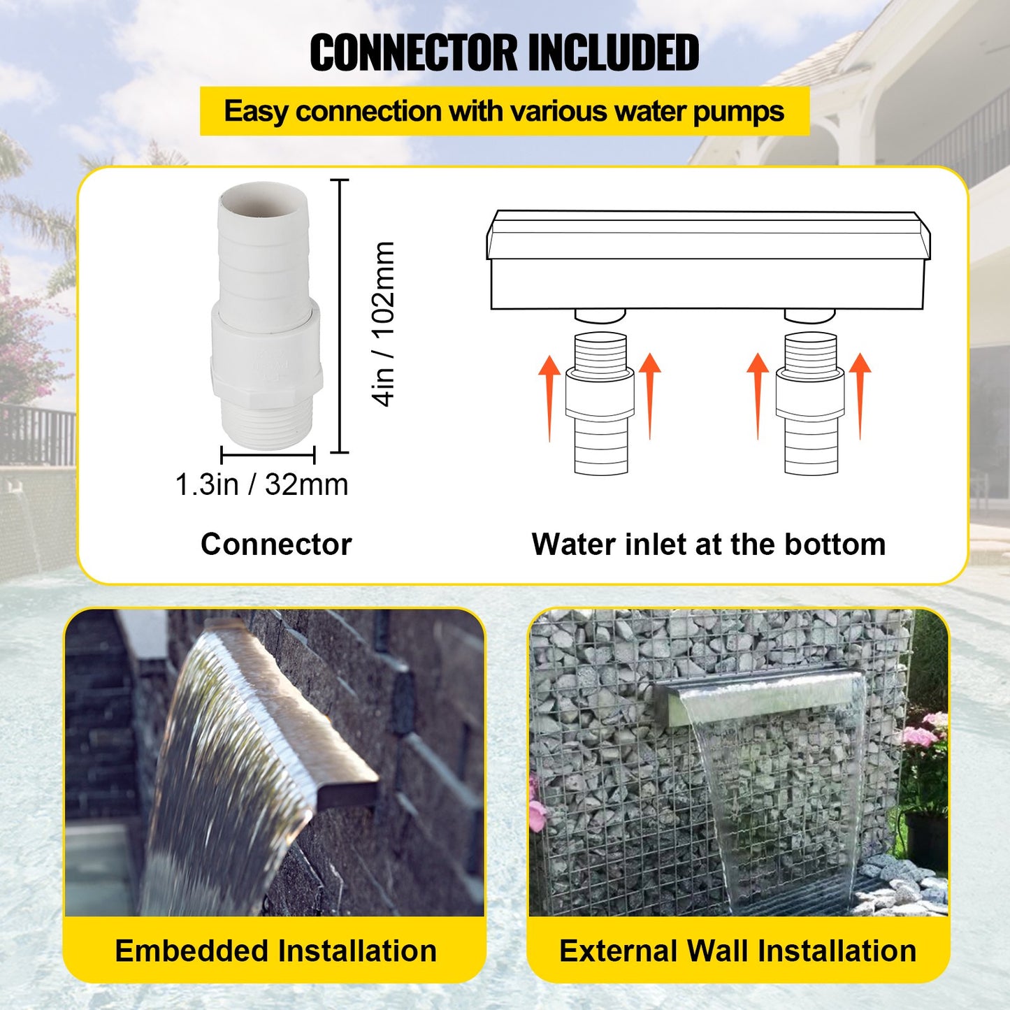 600mm Stainless Steel Waterfall Water Leaf Cascade Koi Fish Pond Bottom Inlet