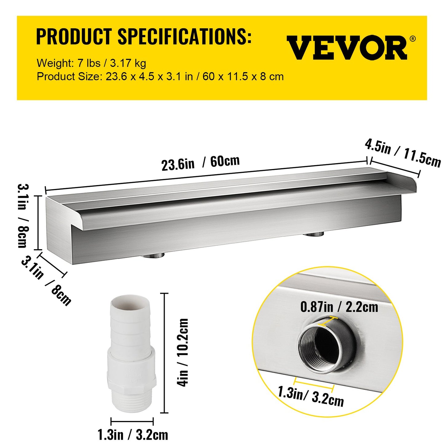 600mm Stainless Steel Waterfall Water Leaf Cascade Koi Fish Pond Bottom Inlet