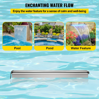 Färgglad LED pool vattenfall spill i rostfritt stål 120x11,5x8 cm