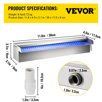 Färgglad LED pool vattenfall spill i rostfritt stål 30x11,5x8 cm