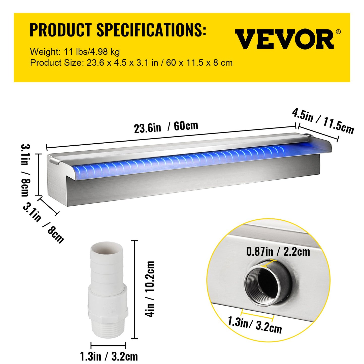 Vevor Waterfall Pool Fountain Rektangulär & Led Strip Light 23,6" X 4,5" X 3,1